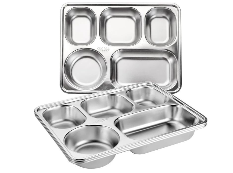 Customizable stainless steel rectangular divider trays bulk, 5-part dinner plates for all groups