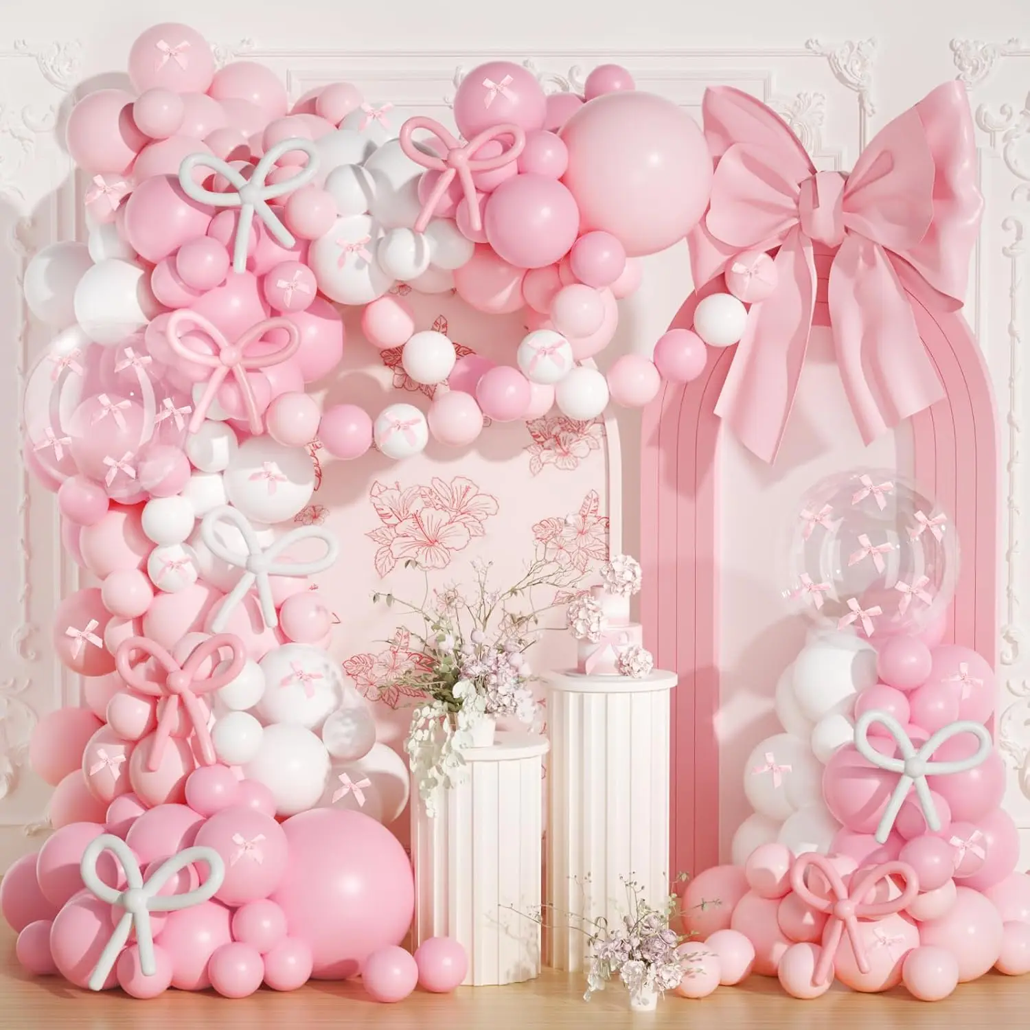 194 Pcs Pink Bow Balloon Arch Garland Kit with Clear Balloons Pink Ribbon Bow party Decoration