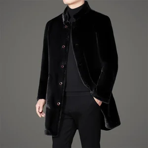 New Trendy Men's Winter Fur Coats Double Faced Stand Collar Single Breasted Long Faux Fur Coat
