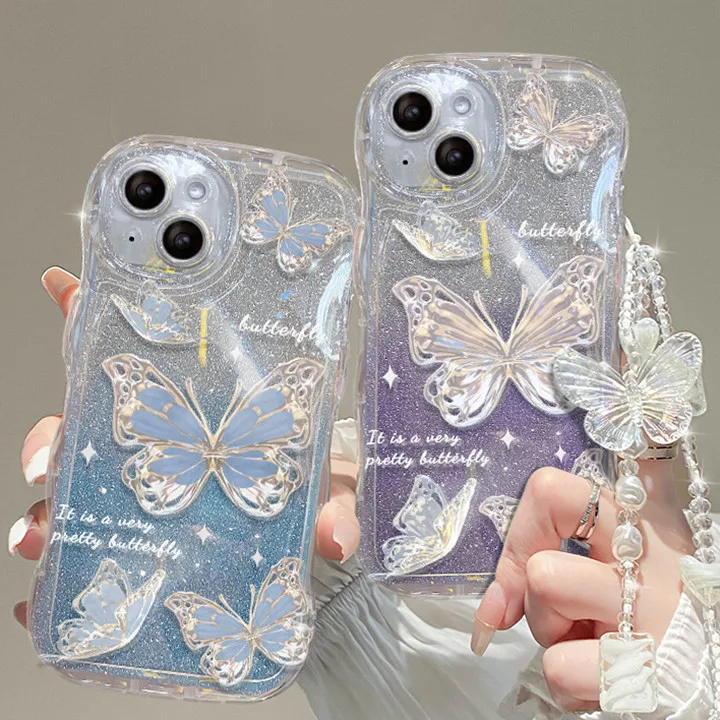 With butterfly Chain Strap Ripple Phone case for iPhone 16 Pro Max 15 14 13  12 11 Wave clear Gradual Colors Back Cover