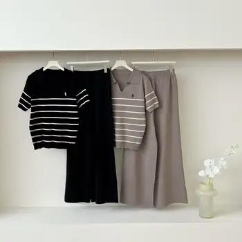 2025 Summer Wholesale Knitwear Turn-Down Collar Striped Tops Embroidery Loose Pants 2 Piece Set Women