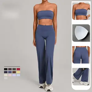 Newest Custom Logo Women Strapless Training Bandeau Bra Flare Pants Set Active Wear Breathable Quick Dry Fitness 2pcs Yoga Sets