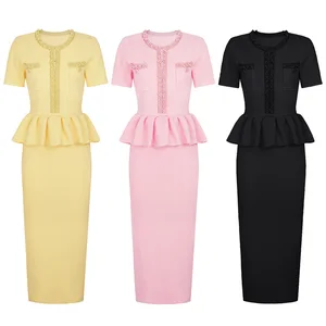 Elegant Luxury Pearls Beading Knitted Sweater Dresses for Women Autumn New Fashion Ruffles Patchwork Long Party Dresses