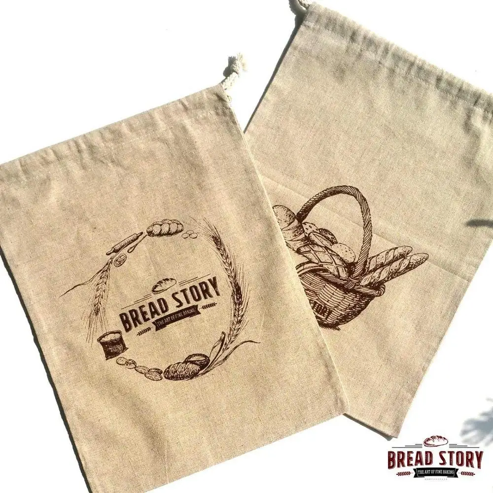 B097 Natural Custom Linen Storage Bread Food Bag for Groercy Printed Reusable Organic Cotton Drawstring Linen Bread Bag Supplier