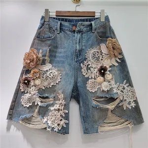 GX9007 Fashion Street Wear Summer Clothing Boutique 3D Floral Matching Lac Distressed Jeans Women Denim Shorts