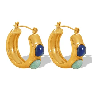 New Hot 18K Gold Plated Stainless Steel Earrings Trendy Classic Palace Style Natural Bluestone Hypoallergenic CHoop Earrings