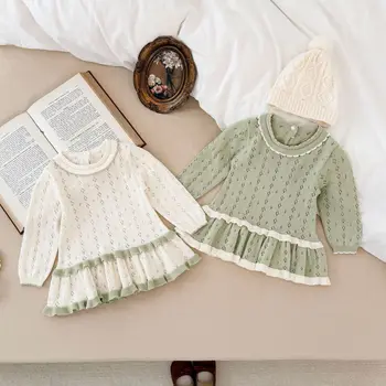 2025 Ins Hot Sale Girls Sweaters Baby Dresses O-Neck Solid Pattern Sweet Baby Girl's Long-Sleeve Thin Knitted Sweater Skirts