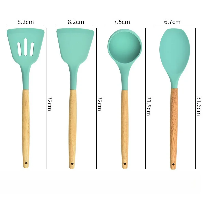 Silicone Cooking Kitchen Utensils Set with Holder Wood Handle BPA Free Heat Resistant Spatula Set Nonstick Cookware