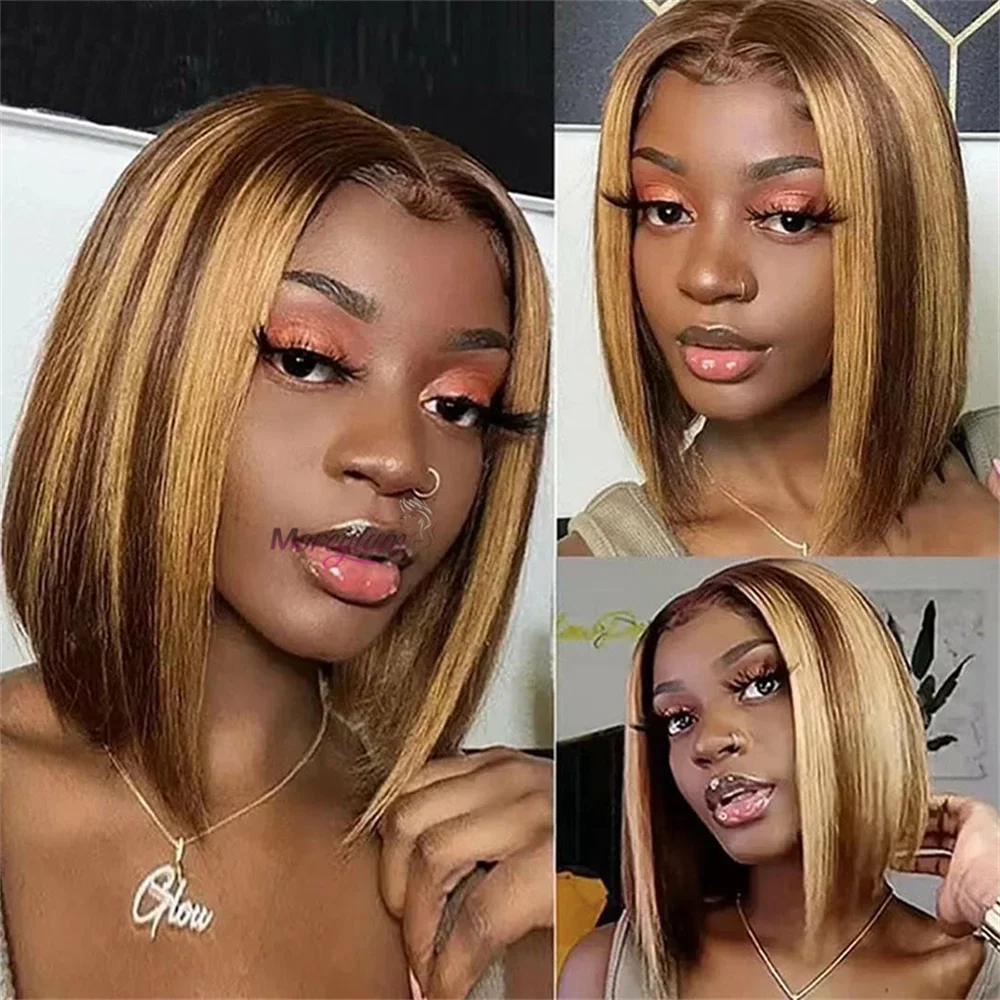 Perruque Bob en cheveux humains raides 13x4 avec dentelle frontale brésilienne courte ombrée_voghion.com