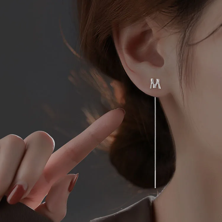 Simple Letter Long Wire Tassel Threader Chain 925 Silver Plated Alphabet Dangle Earrings Women Straight Hanging Earrings Jewelry