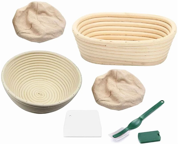 Cestino Per Lievitazione Pane In Rattan Fatto A Mano – Set Da 2 Cesti Rotondi Con Fodere In Lino E Raschietti – Perfetto Per Pane Fatto In Casa Con Crosta Croccante