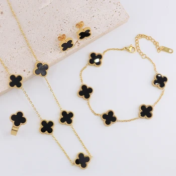 Hot Fashion Designer 18K Gold Stainless Steel Four Leaf Clover Bracelet Necklace Stud Earrings Ring Jewelry Set For Gift