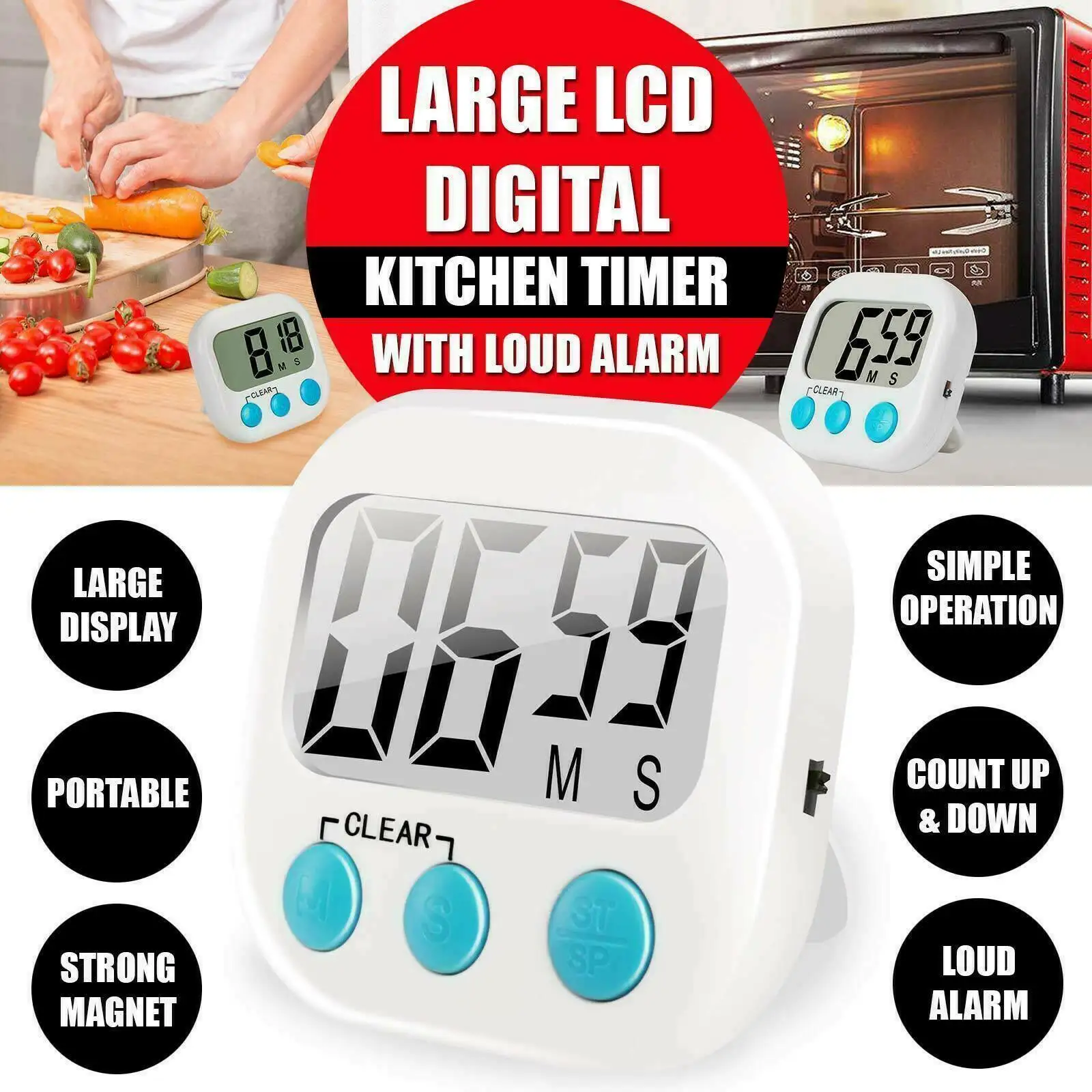Warm} Magnetic Large LCD Digital Kitchen Timer Alarm Count Up Down Clock 24 Hours I.70964019