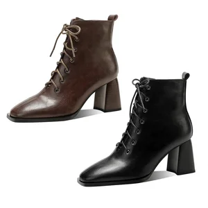 Women's Fall Winter Vintage Ankle Boots Square Toe Lace-up Closure Comfort Block Heel Genuine Black Brown Leather Faux Fur