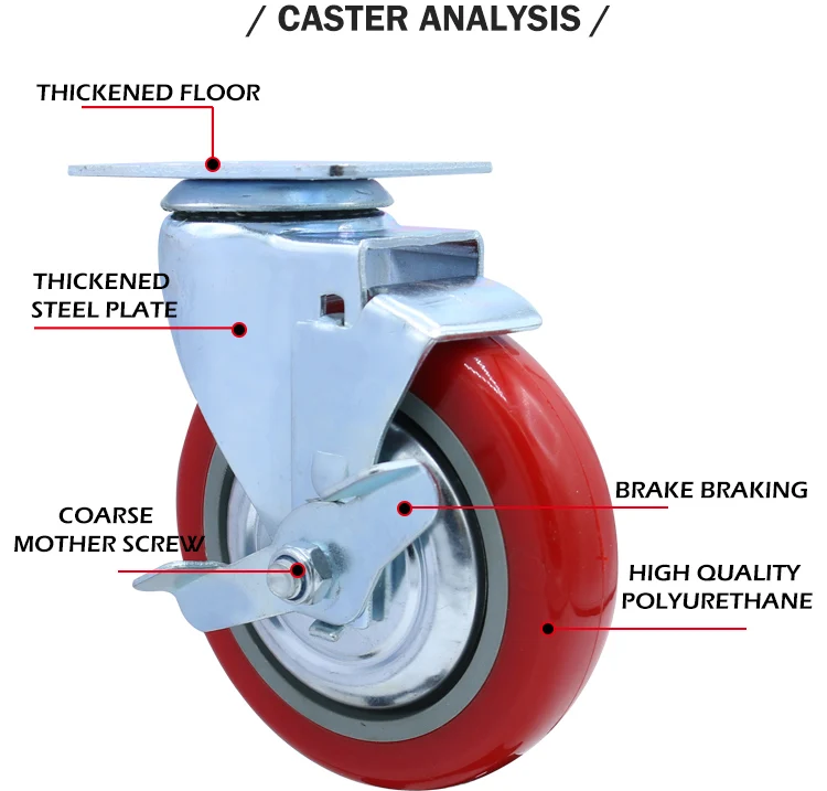 Medium duty 4 inch red 100mm pu swivel caster wheels with brake supplier