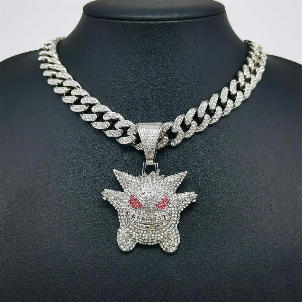 Iced Out Cuban Link Chain Necklace with Gengar Funny Elf Pendant