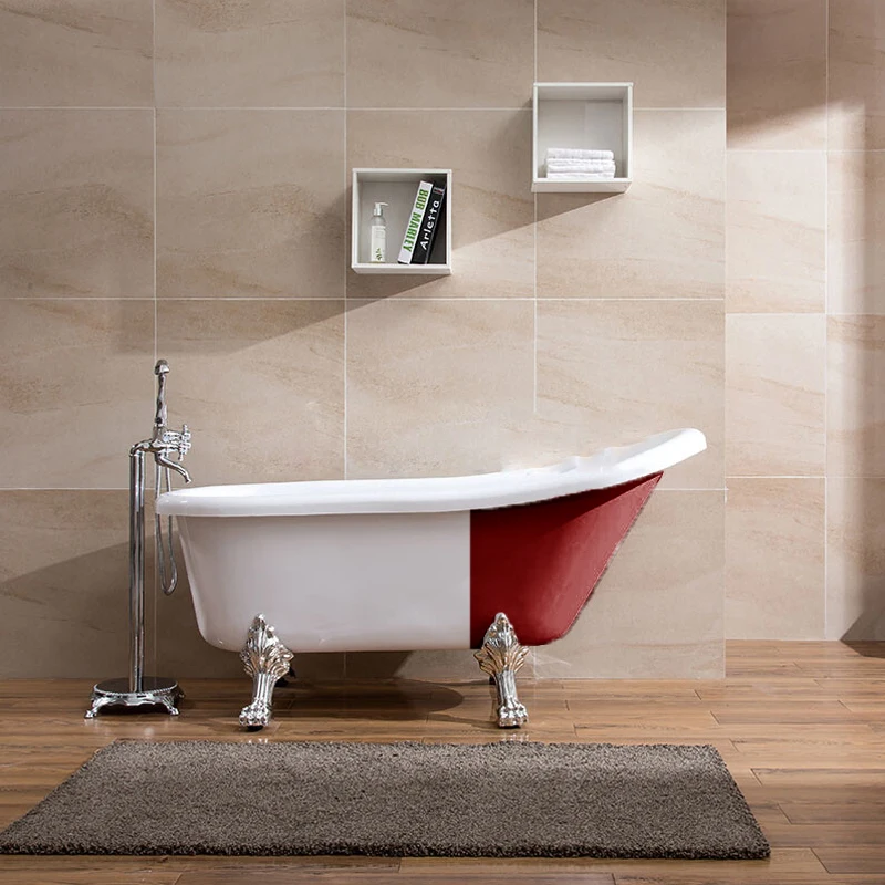 TNS BA8305 Simple Design 59\" Chrome Overflow and Drain Mobile Bathtub Durable and Forever Made for Bathroom Use Red Black