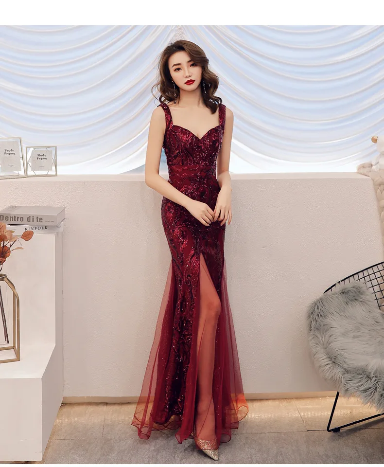 Elegant Womens Stage Costumes Sleeveless Sequin Maxi Dress High Slit  Mermaid Wedding Party Dress Women Evening Prom Dresses