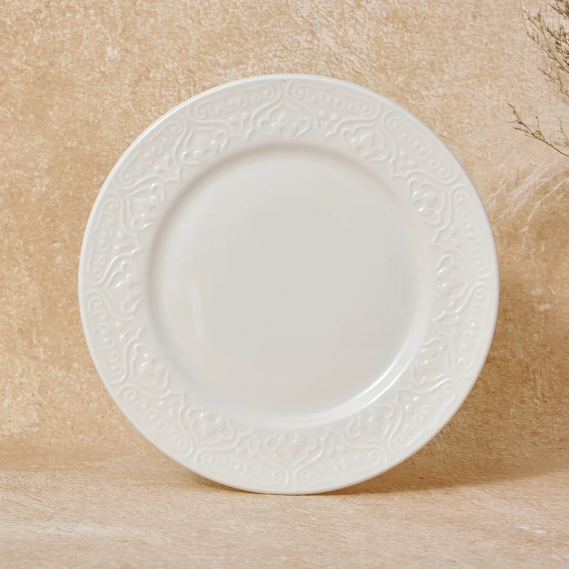 Hot-Selling 16-Piece Customizable Embossed Porcelain Tableware Set White Stoneware Dinner Plate Sets for Hotels