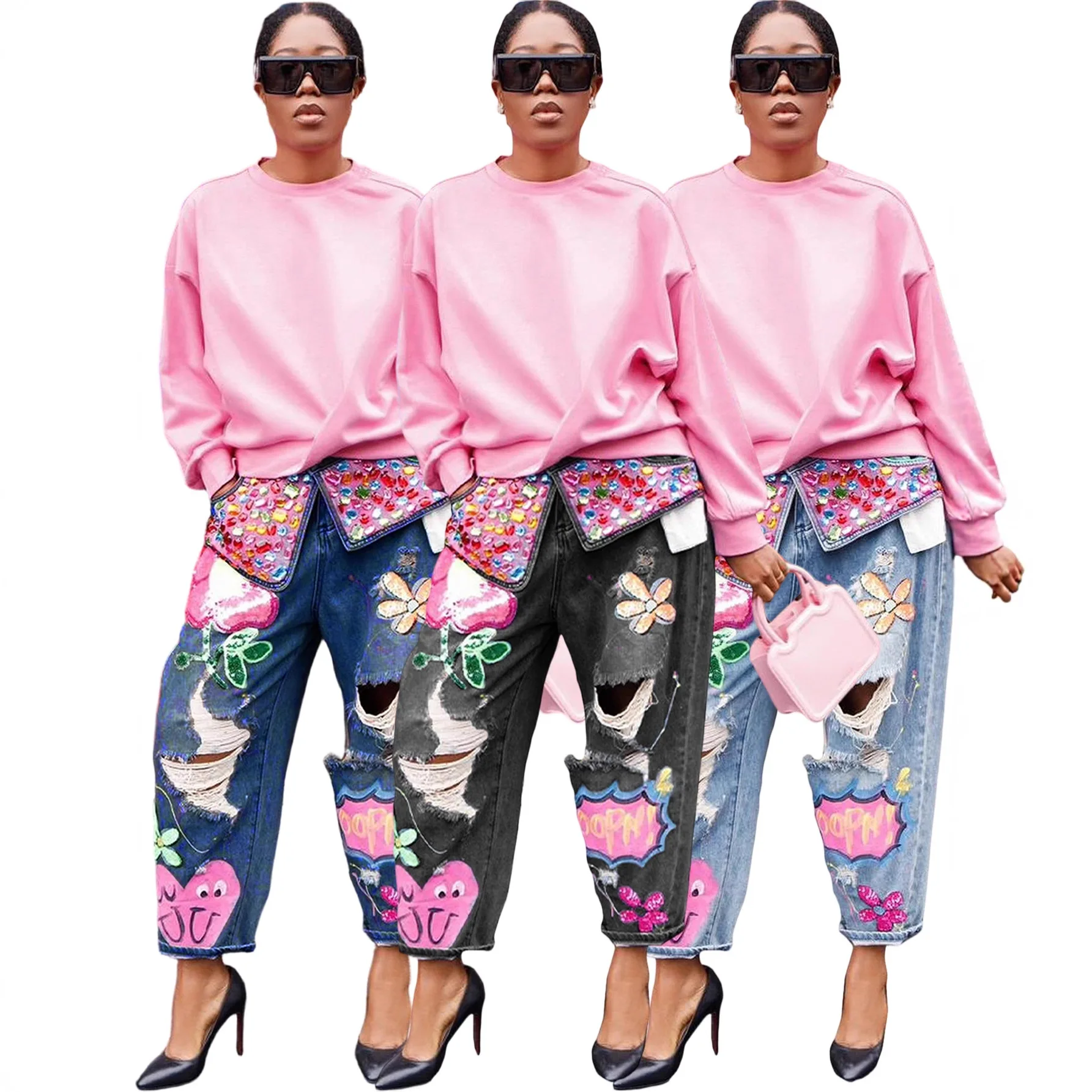 Women's Streetwear Spring Hotfix Rhinestone Embellished Printed Ripped Denim Jeans