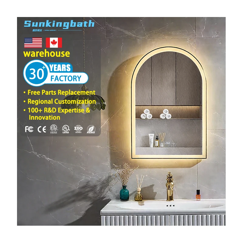Bathroom Smart Salon Energy Saving Half Round Hotel Led Light Mirror Arch Led Arch Led Aluminum Metal Framed Wall Mirror