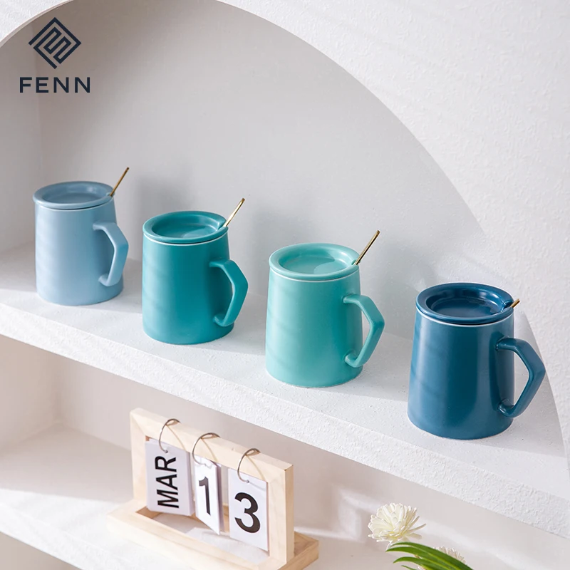 product fenn home office used blue color unique handle porcelain mug 350ml matte glaze ceramic coffee water mugs cups with lid-58