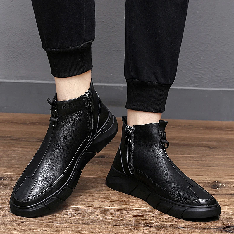 New Arrival Men's Genuine Leather Boots Zipper Up Thermal Winter Boots Comfortable Trendy Casual Walking Shoes Driving Footwear