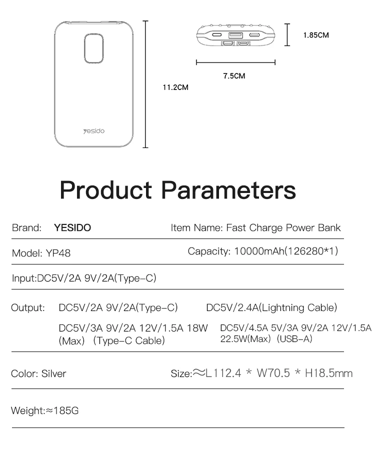 Yesido YP48 10000mah 22.5W PD20W Type-C Apple Interface Two Fast Charge Cables LED Digital Display Power Bank