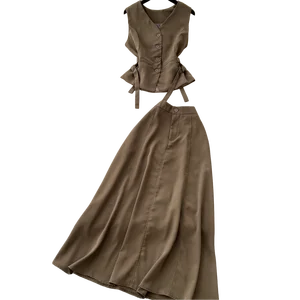 Women's Summer Casual High Waist Skirt Set Bandage Waistcoat V-Neck Sleeveless Tunic Solid Pattern Button Dress Top Bandage