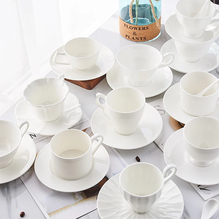 Wholesale Sublimation Custom Decal Printing Cups Simple White Blank Ceramic Bone China Coffee Tea Cup and Saucer Set
