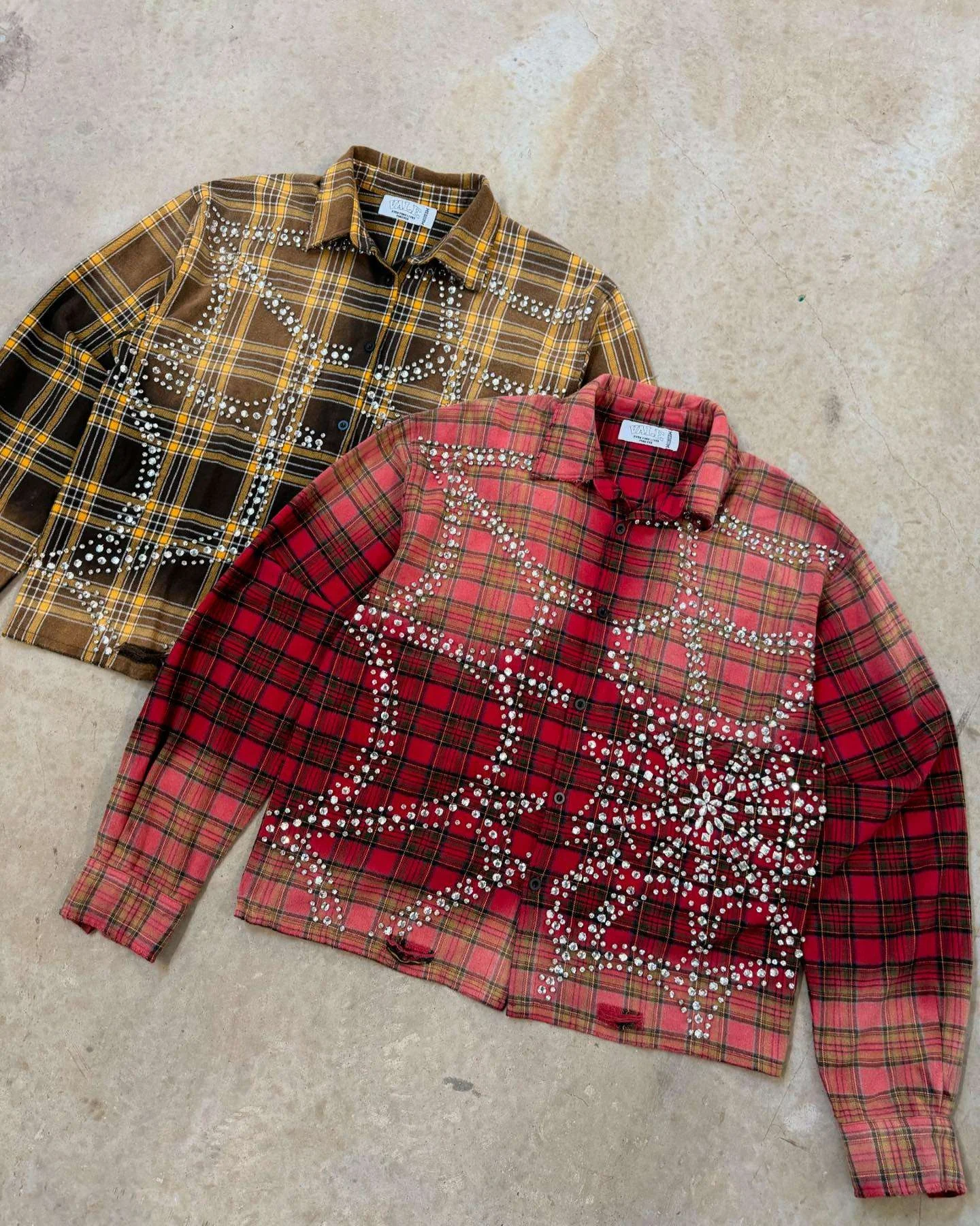 Custom T-shirt Cotton Boxy Crystal Diamond Collar Heavyweight Oversized Acid Wash Button Down up Rhinestone Plaid Shirts for Men gallery 3