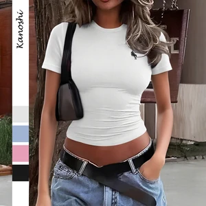 Shirts for Women Slim Fit Short Sleeve Crop Top Crew Neck Casual Basic Tees Spring Summer Fashion Clothing 2026