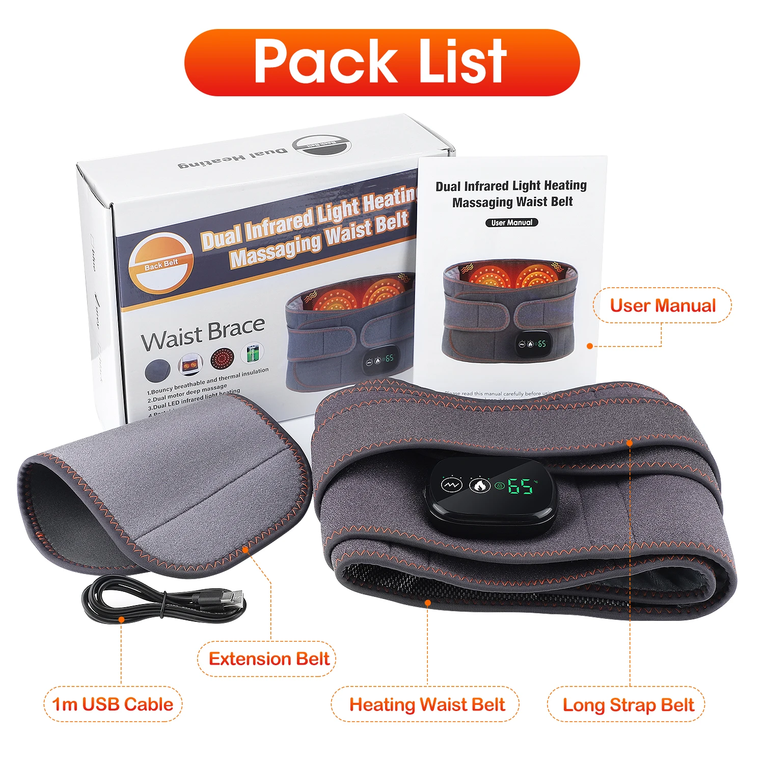 Cordless Electric Lumbar Support Far Infrared Heating Vibration Waist