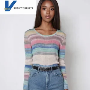 China V-times 2026 Spring Autumn Women's Fashion Striped Color-Block Knit Sweater Versatile Casual Top Button New Trendy Style