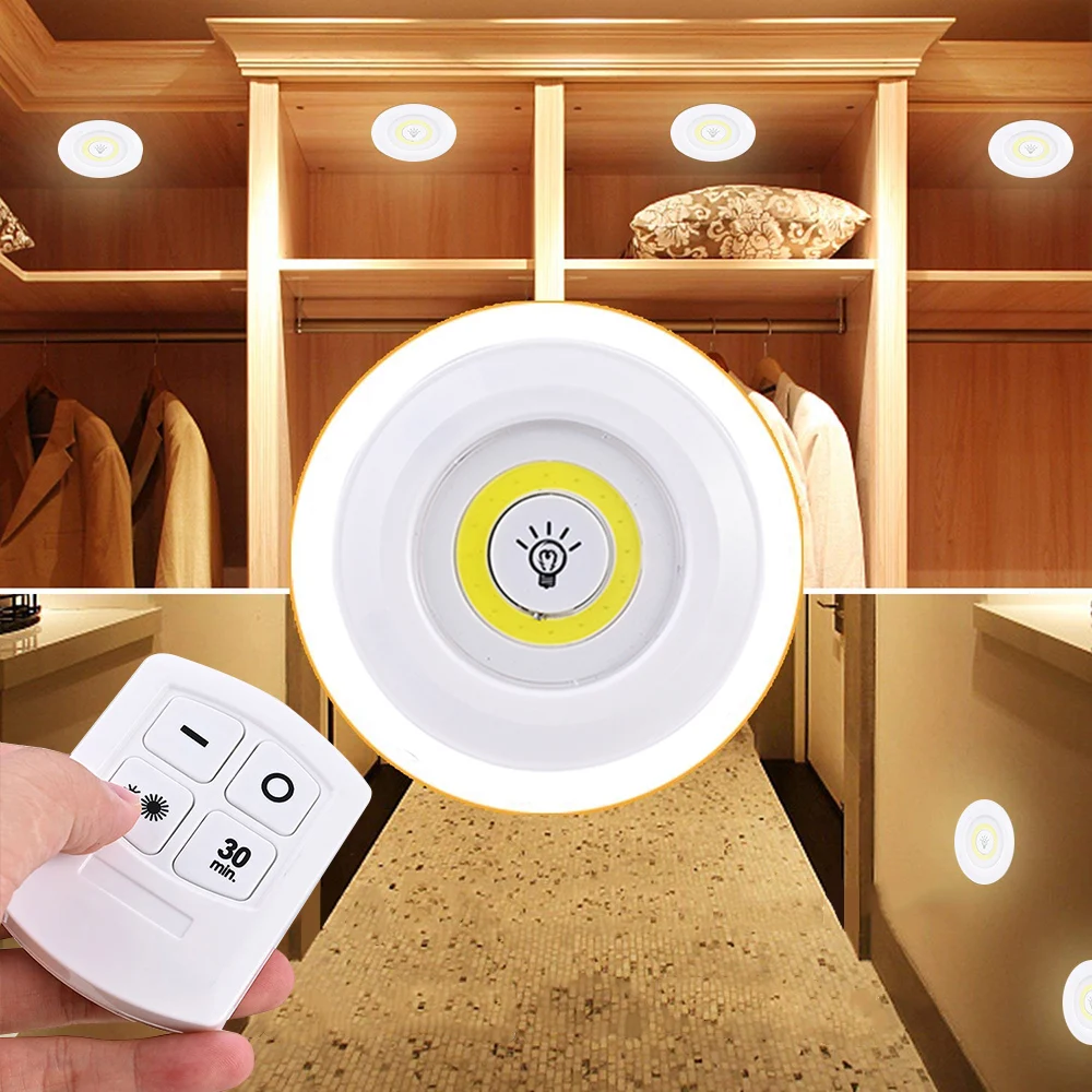 3W Super Bright Cob Under Cabinet Light LED Wireless Remote Control  Dimmable Wardrobe Night Lamp Home Bedroom Closet Kitchen