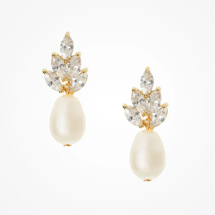 Handmade 18K Gold Plated Pearl Drop Earrings with White Glass Pearls for Bridal and Wedding