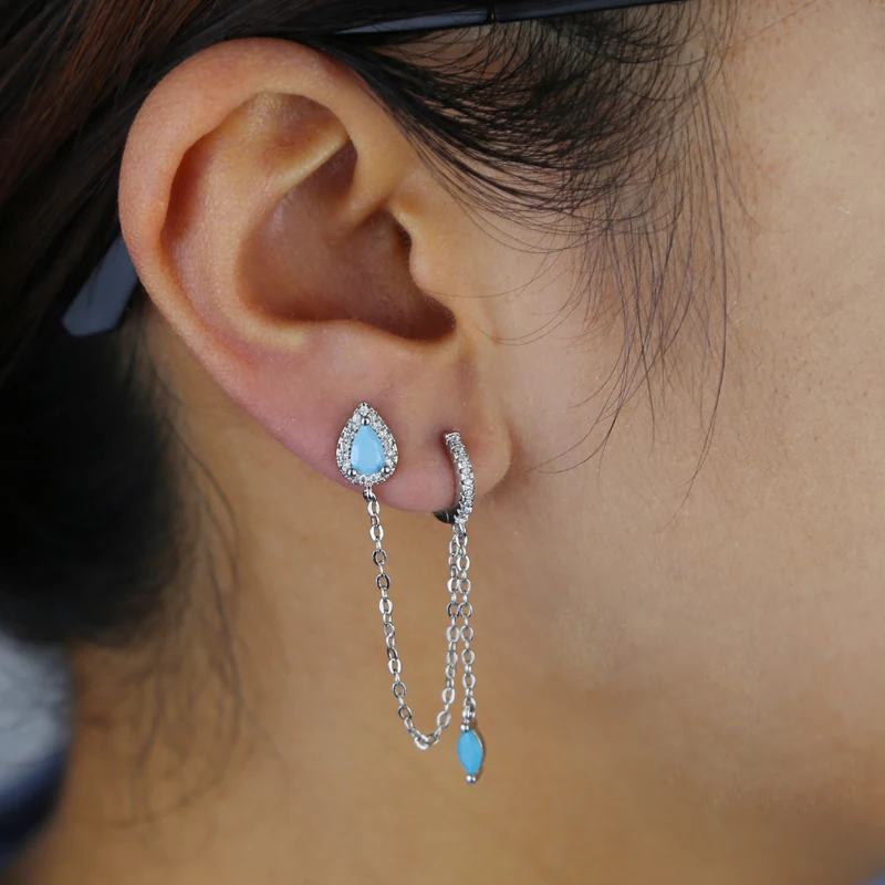 ＼半額SALE／ Tear Chain Dangle Piercing Double Turquoise Marquise Drop アクセサリー