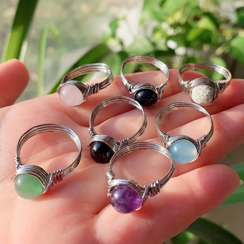 Wire Wrapped Crystal Rings Reiki Healing Stone Jewelry