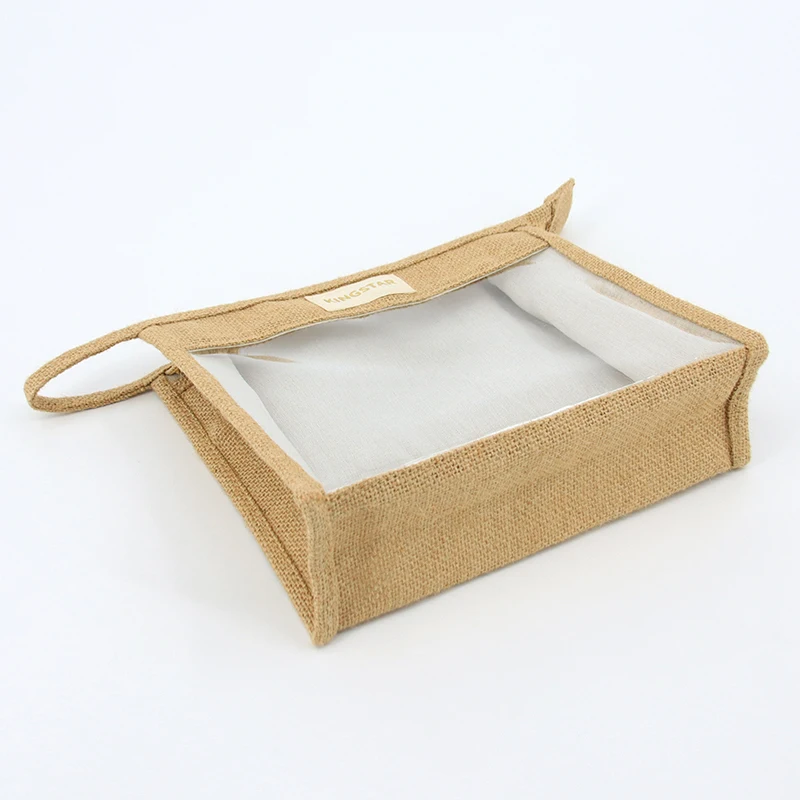 OEM Logo Custom Jute Makeup Cosmetic Zipper Bag Natural Hemp Transparent PVC Travel Portable Makeup Pouch
