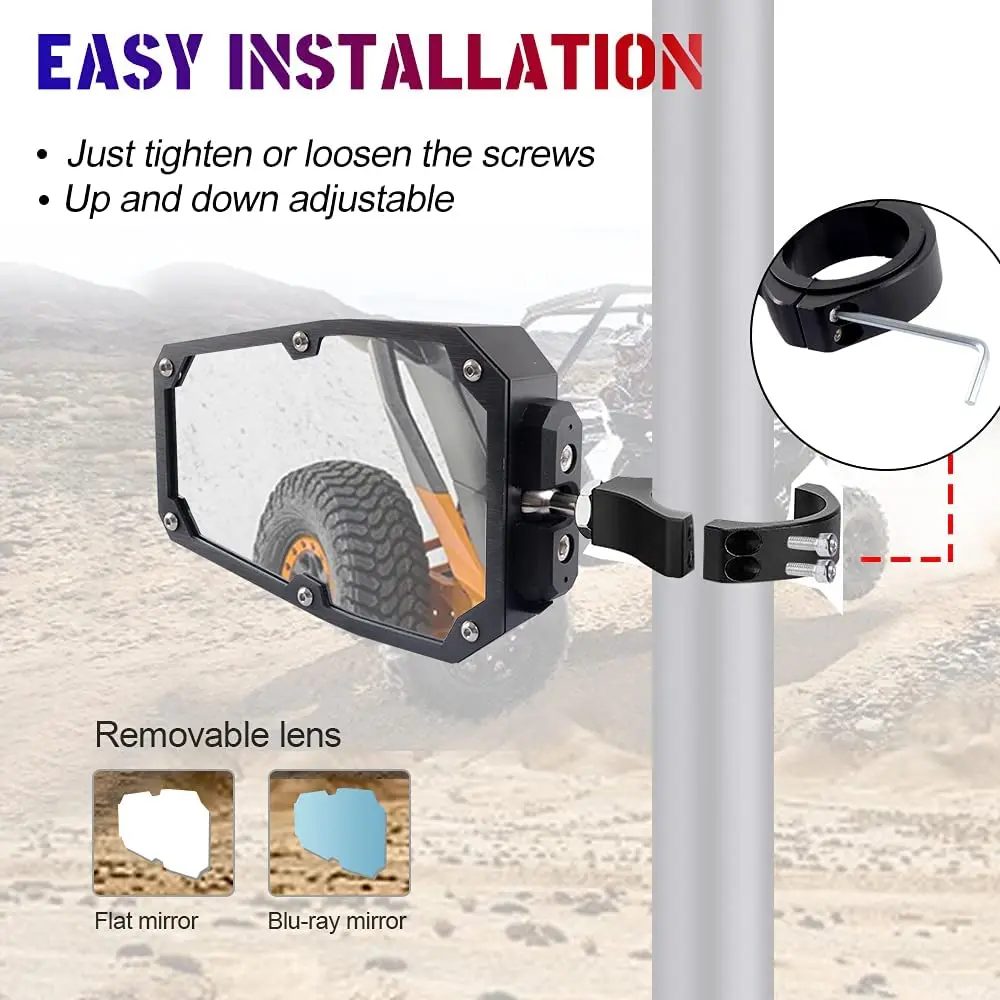 Adjustable UTV ATV Offroad Rearview Side Mirrors with Lights Universal Center UTV Mirror Fit 1.75 to 2 Inch Roll Bar Cage