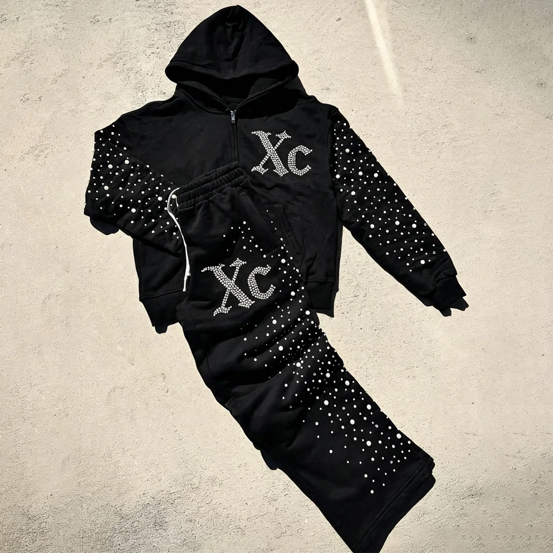 Brugerdefineret unisex streetwear 2-dels tracksuit, rhineston hotfix kort lynlåbs hoodie med brede ben, OEM-parti
