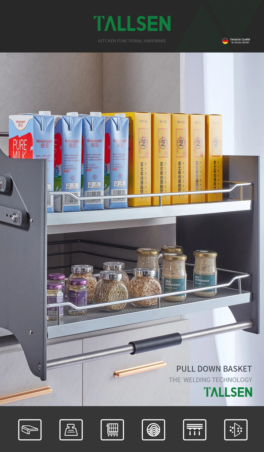 Modern Pull Down Kitchen Storage Aluminium Alloy Glass Shelves