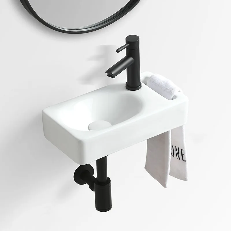 Hot Sale Small Rectangular White Washroom Bathroom Sinks Ceramic Wall Hung Basin With Towel Shelf