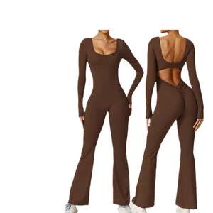 Women's Sports Jumpsuit Slim Fit Long Sleeve Yoga & Gym Bodysuit with Solid Color and Ruched Butt