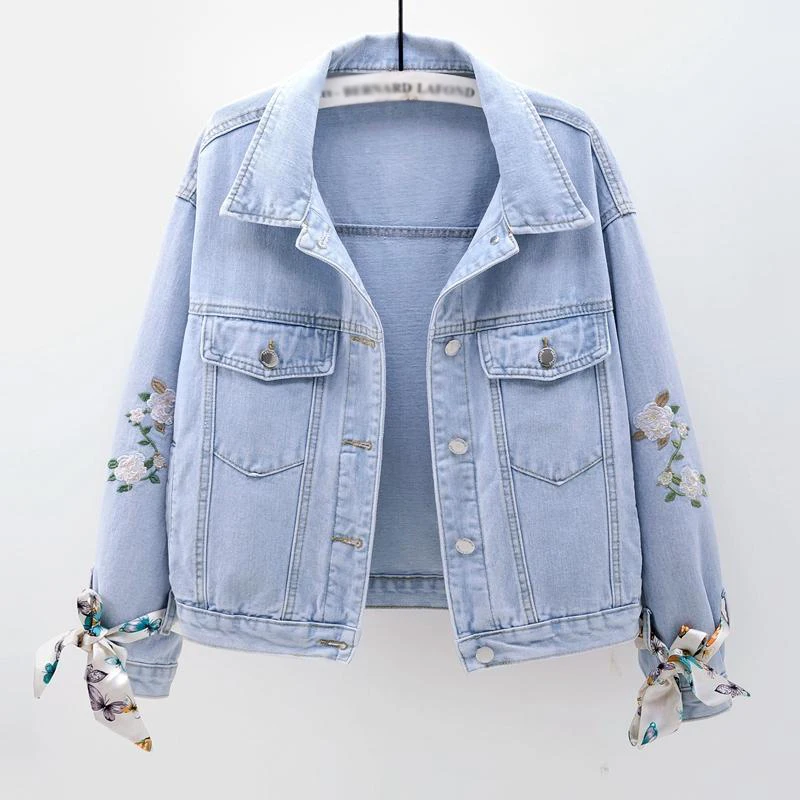 Women's New Denim Coat Fashionable Loose Flowers Embroidered Silk Scarf ...