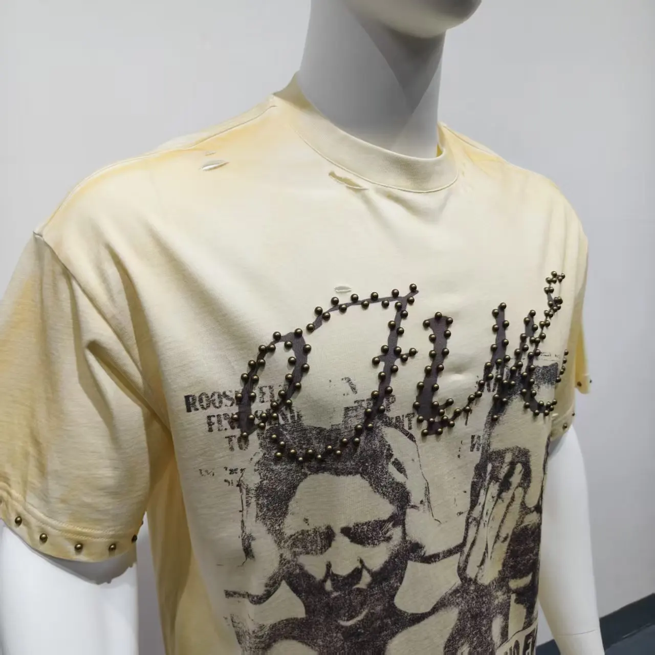Salati Custom Tee Screen Print Diamond Oversized T-shirt Rhinestone Short Sleeve Distressed Streetwear Acid Wash t Shirts gallery 2