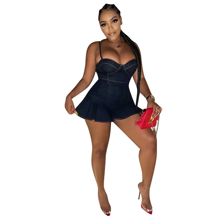 MOEN Good Quality Suspender Black Ruffles Summer Bodycon Short Rompers Women Denim Jean One Piece Jumpsuits