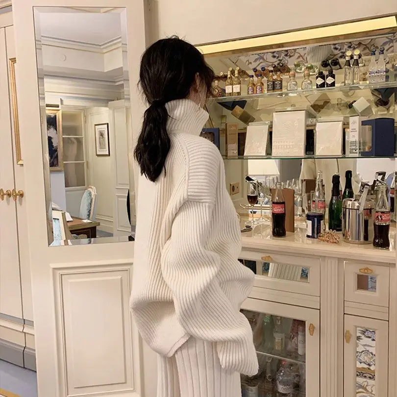 EasyGarment 2021 Spring Autumn Casual Women 2 Piece Set Turtleneck Pullover Sweater Wide Leg Rib Pants Female Knit Tracksuit