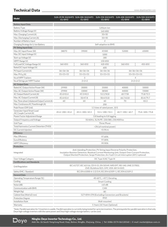 Deye 30kw 35kw 40kw 50kw New Three Phase Hybrid Inverter Sun-29.9/30/35 ...