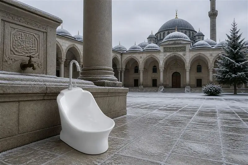 White ceramic wudu basin in a frosty outdoor mosque courtyard